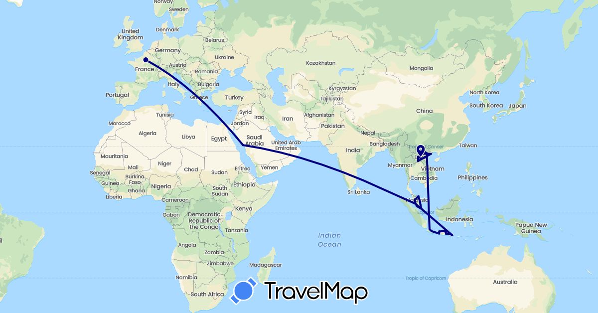 TravelMap itinerary: driving in France, Indonesia, Laos, Malaysia, Saudi Arabia, Singapore, Vietnam (Asia, Europe)
